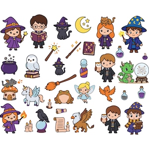 May include: A collection of colourful cartoon stickers featuring wizards, witches, magical creatures, potions, wands, books, and mystical symbols. The set includes characters in robes, a green dragon, a unicorn, a frog, an owl, and a crystal ball.