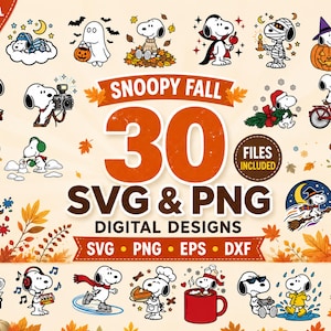 May include: A collection of 30 digital Snoopy fall-themed illustrations in SVG and PNG formats. The graphics feature the character in various seasonal outfits and activities, including wearing costumes, holding pumpkins, and interacting with autumn leaves.