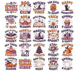 May include: A collection of twenty-five Halloween-themed graphic designs arranged in a grid. Each square features colorful illustrations of ghosts, pumpkins, witches' hats, skulls, and bats, accompanied by festive text like Spooky Season and Boo Crew.