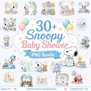 May include: A digital collection of over 30 Snoopy baby shower illustrations featuring the character with balloons, baby carriages, clouds, and toys. The central text reads 30+ Snoopy Baby Shower PNG Bundle, with additional text stating High Quality, Transparent Background, and Commercial Use.