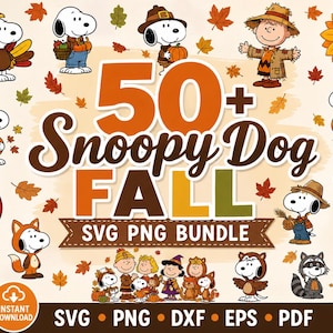 Peut inclure: Un ensemble de graphiques numériques représentant Snoopy et les personnages de Peanuts dans des costumes sur le thème de l'automne, avec des citrouilles, des dindes et des feuilles. Le texte indique 50+ Snoopy Dog FALL SVG PNG BUNDLE.