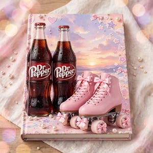 Può includere: Due bottiglie di vetro di bibita Dr Pepper con gocce di condensa accanto a un paio di pattini a rotelle rosa chiaro con fiocchi di raso abbinati sui lacci e sulle ruote, poggiati su una copertina di libro con cielo al tramonto.