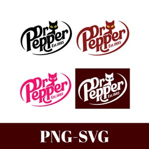May include: Four variations of a graphic logo featuring the text Dr Pepper Est.1885 with a stylized cat silhouette integrated into the design. The logos appear in black, dark red, bright pink, and a white version on a dark red background.