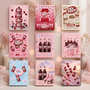 Può includere: Una collezione di nove quaderni rettangolari con vari design a tema Dr. Pepper in tonalità rosa, rosso e blu. Le copertine mostrano illustrazioni di lattine di bibite, bottiglie di vetro, ciliegie, fiocchi, secchielli per ghiaccio e pattini.