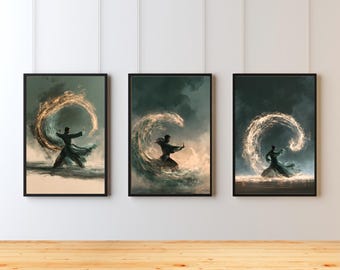 Martial Arts Poster Set of 3, Yielding Force Tai Chi Circle Trio, Teal Gold