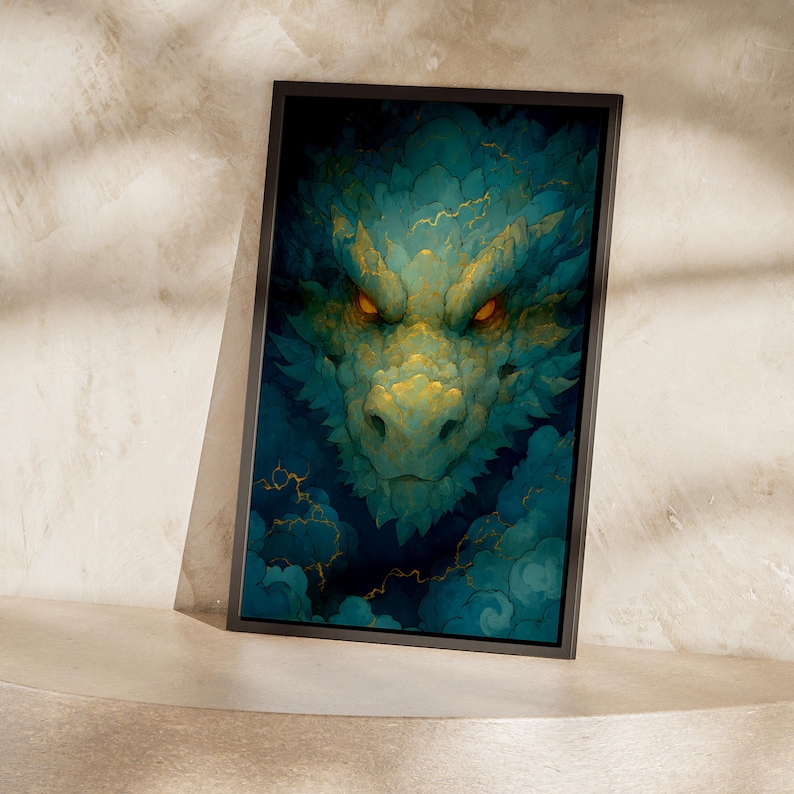 Storm Dragon Poster, Chinese Dragon in Thunder Clouds, Teal and Gold