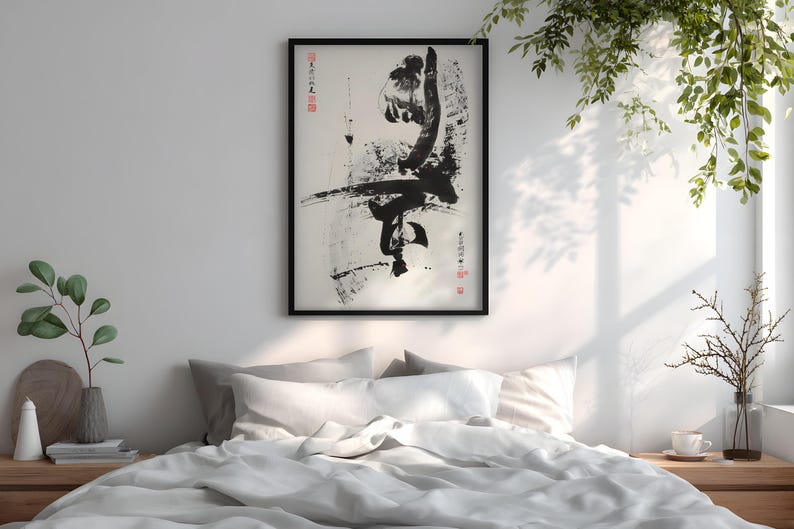 Karate Poster, Black Ink Kick with Chinese Calligraphy, Kung Fu Dojo