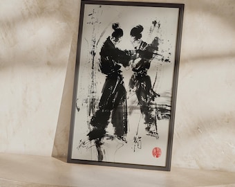 Póster de artes marciales con pincel de tinta / Figuras de combate, lámina de arte asiático en blanco y negro