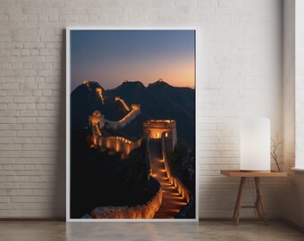Póster nocturno de la Gran Muralla China / Lámina decorativa para pared con vista al atardecer en la montaña