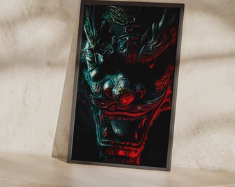Póster de la cabeza del dragón imperial / Arte mural en rojo azulado oscuro, lámina de mitología china