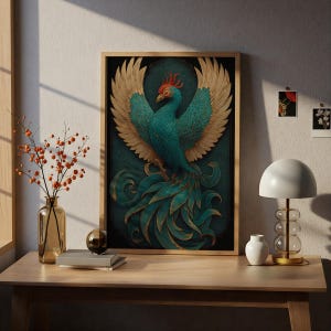 Teal Phoenix Poster, Chinese Fenghuang Celestial Bird in Gold