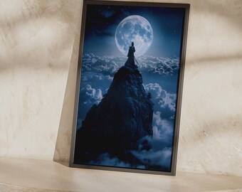 Póster de Samurai Moon / Arte de la Cumbre del Guerrero, Lámina de Decoración del Dojo Azul Medianoche