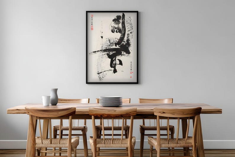 Karate Poster, Black Ink Kick with Chinese Calligraphy, Kung Fu Dojo