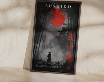 Póster samurái Bushido / Arte mural japonés, lámina del bosque de bambú del sol rojo