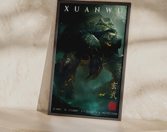 Póster de la tortuga negra Xuanwu / Arte mural de los cuatro símbolos, impresión en verde azulado oscuro y dorado