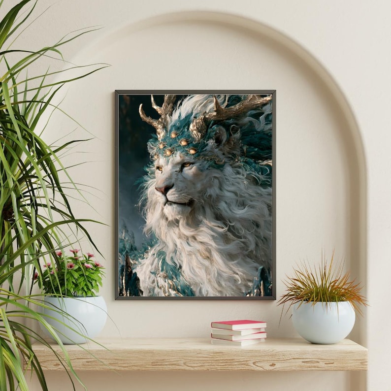 Puede incluir: Una impresi&oacute;n de arte mural enmarcada que muestra a un majestuoso le&oacute;n blanco con una melena fluida, adornado con detalles en azul verdoso y dorado, incluyendo astas ornamentadas y adornos circulares brillantes en la frente.