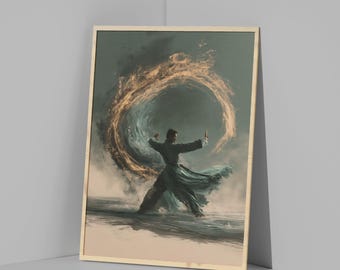 May include: A framed wall art print depicting a person in dark flowing robes performing a martial arts stance. Behind the figure is a large, swirling circular vortex of golden light and dark smoke set against a muted, neutral-toned background.