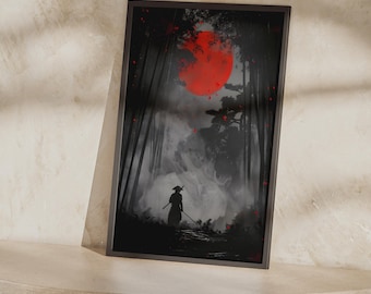 Póster samurái Bushido / Arte mural bosque de bambú sol rojo, impresión japonesa oscura