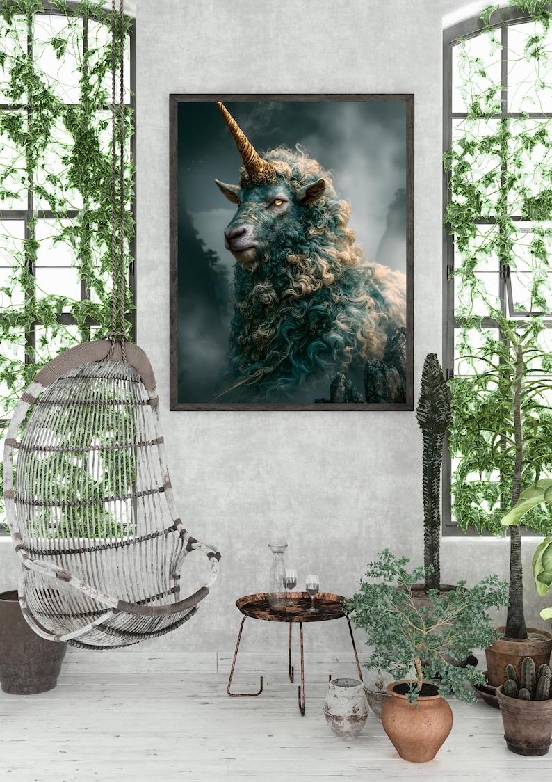 Puede incluir: Una impresi&oacute;n de arte mural enmarcada que muestra una criatura de color verde azulado oscuro con pelo rizado y un cuerno dorado en espiral en la frente. La criatura tiene ojos color &aacute;mbar y se sit&uacute;a sobre un fondo brumoso con terreno rocoso.