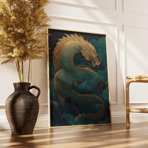 Dragon Poster, Teal and Gold Chinese Dragon Coiled Around Misty Mountain