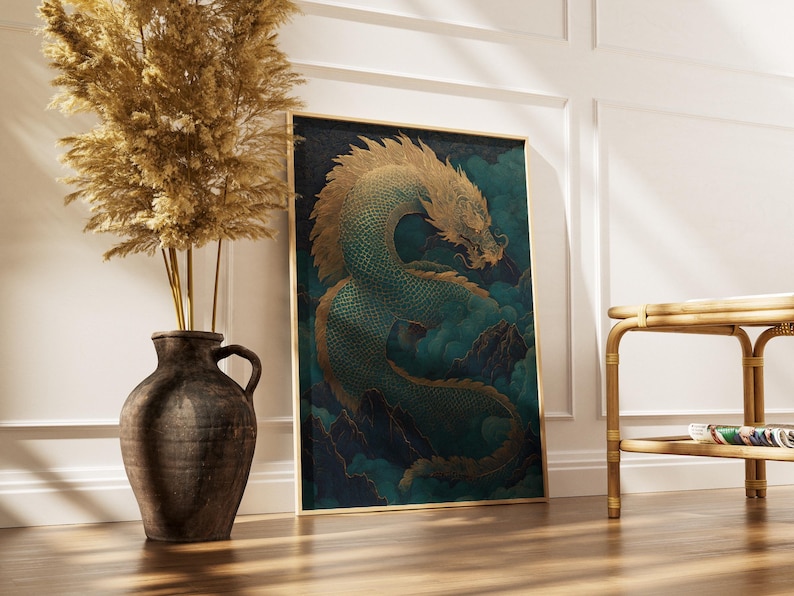 Dragon Poster, Teal and Gold Chinese Dragon Coiled Around Misty Mountain