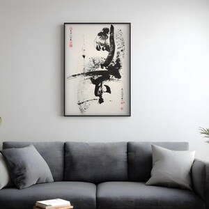 Karate Poster, Black Ink Kick with Chinese Calligraphy, Kung Fu Dojo