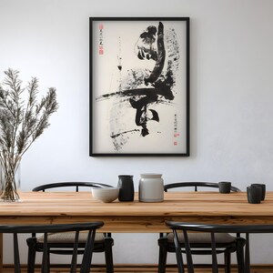 Karate Poster, Black Ink Kick with Chinese Calligraphy, Kung Fu Dojo