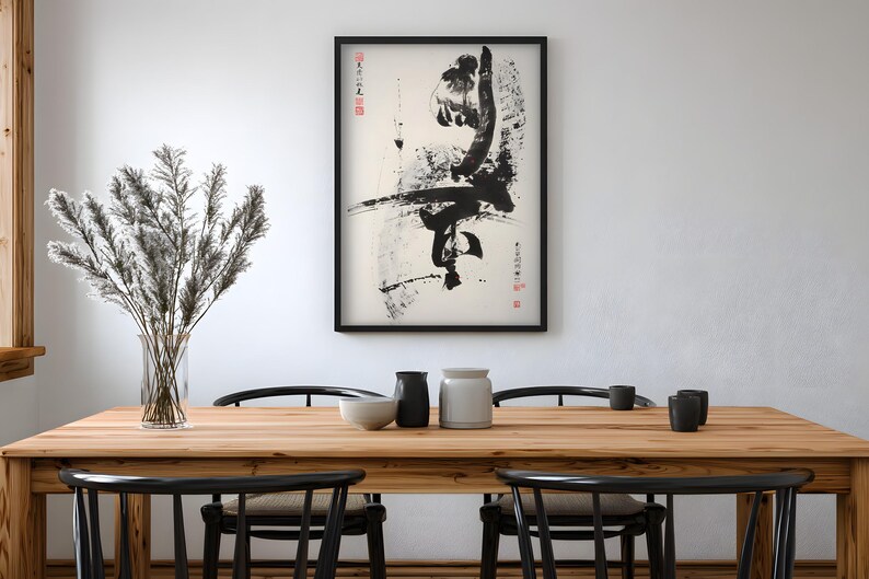 Karate Poster, Black Ink Kick with Chinese Calligraphy, Kung Fu Dojo