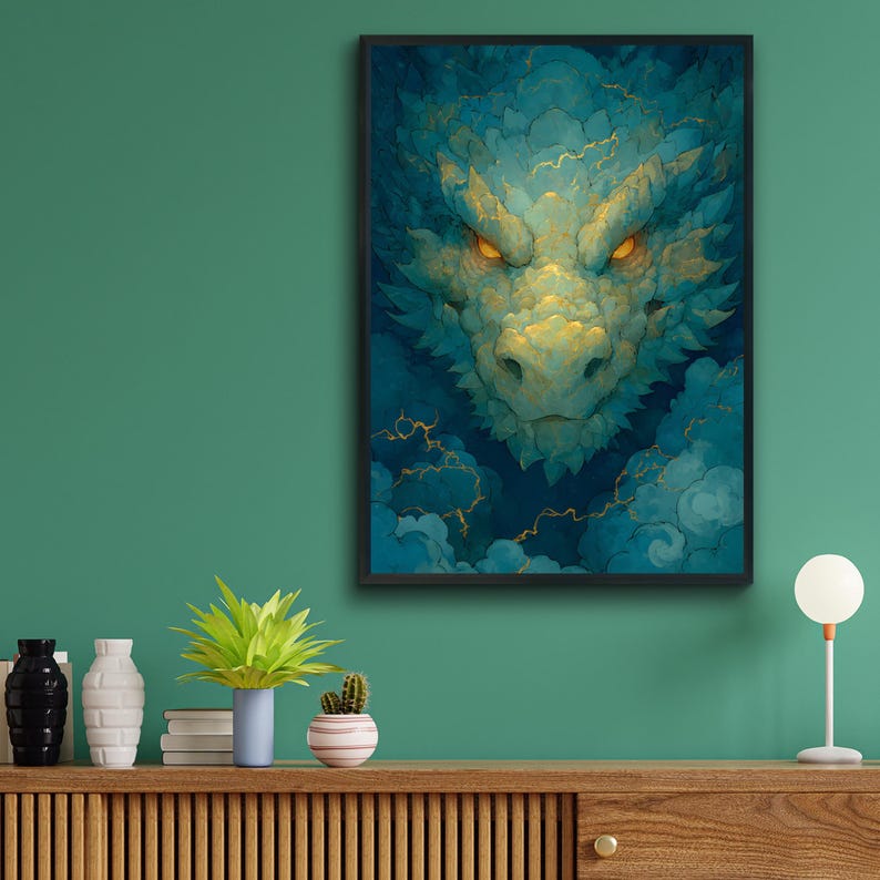 Storm Dragon Poster, Chinese Dragon in Thunder Clouds, Teal and Gold