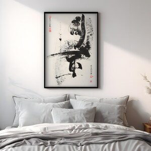 Karate Poster, Black Ink Kick with Chinese Calligraphy, Kung Fu Dojo