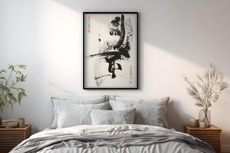 Karate Poster, Black Ink Kick with Chinese Calligraphy, Kung Fu Dojo