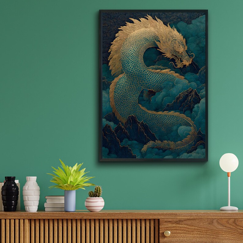 Dragon Poster, Teal and Gold Chinese Dragon Coiled Around Misty Mountain