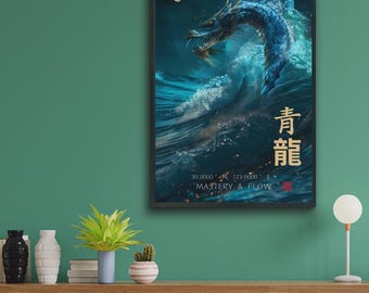 Póster del Dragón Azul Qinglong / Arte mural del Dragón de Agua, lámina de mitología china