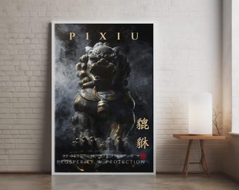 Póster de Pixiu, Estampado de Bestia Mítica China / Arte de Pared de Prosperidad en Oro Negro