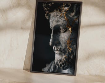 Póster de busto estoico Kintsugi / Estatua de mármol dorado agrietado, arte mural de filosofía griega