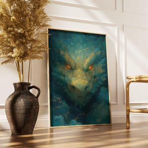 Storm Dragon Poster, Chinese Dragon in Thunder Clouds, Teal and Gold