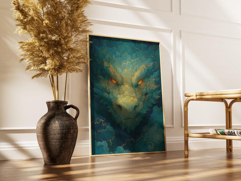 Storm Dragon Poster, Chinese Dragon in Thunder Clouds, Teal and Gold