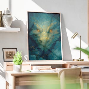 Storm Dragon Poster, Chinese Dragon in Thunder Clouds, Teal and Gold