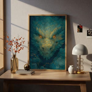 Storm Dragon Poster, Chinese Dragon in Thunder Clouds, Teal and Gold