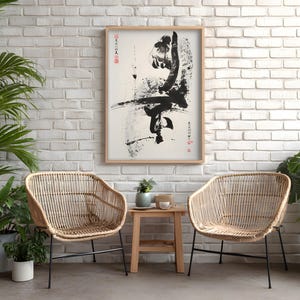 Karate Poster, Black Ink Kick with Chinese Calligraphy, Kung Fu Dojo