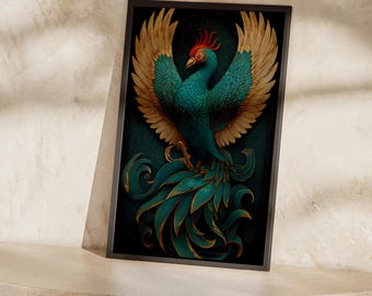 青緑色の鳳凰のポスター、金色の中国の鳳凰の天鳥