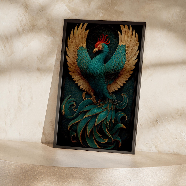 Teal Phoenix Poster, Chinese Fenghuang Celestial Bird in Gold
