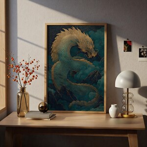 Dragon Poster, Teal and Gold Chinese Dragon Coiled Around Misty Mountain