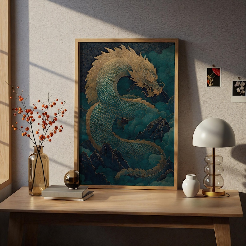 Dragon Poster, Teal and Gold Chinese Dragon Coiled Around Misty Mountain