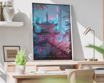 Póster de pagoda cyberpunk / Paisaje urbano chino neón, lámina decorativa de pared en tonos verde azulado y rosa