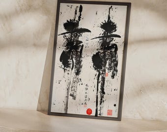 Lámina artística con pincel y tinta china / Póster de caligrafía abstracta, arte mural zen en blanco y negro.