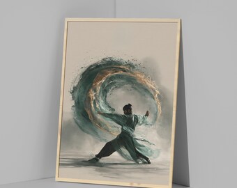 May include: A framed wall art print depicting a figure in a dynamic martial arts stance, wearing flowing teal clothing. Behind the figure, a large, swirling circular wave of teal and gold water splashes against a muted, light-colored background.