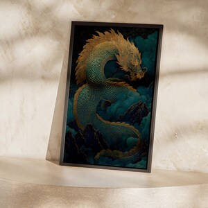 Dragon Poster, Teal and Gold Chinese Dragon Coiled Around Misty Mountain