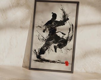 Póster de guerrero de Kung Fu con aguada de tinta / Arte mural de artes marciales, impresión con pinceladas japonesas