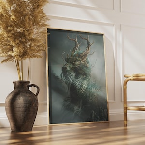 Qilin Poster | Chinese Mythical Beast Art Print, Teal Gold Dragon Wall Art